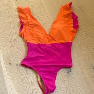 summersalt V-Neck Colorblock One-Piece in Orange & Fuchsia